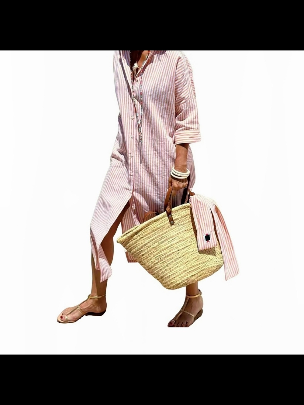 Women's Cotton Casual Lapel Shirt Dress 3/4 Sleeve Button-Down Pink Stripe XS - Picture 9 of 9